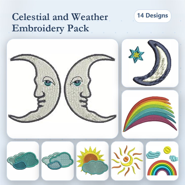 Celestial & Weather Embroidery Bundle – Moon Faces, Crescent Moon, Rainbow & More (14 Designs)