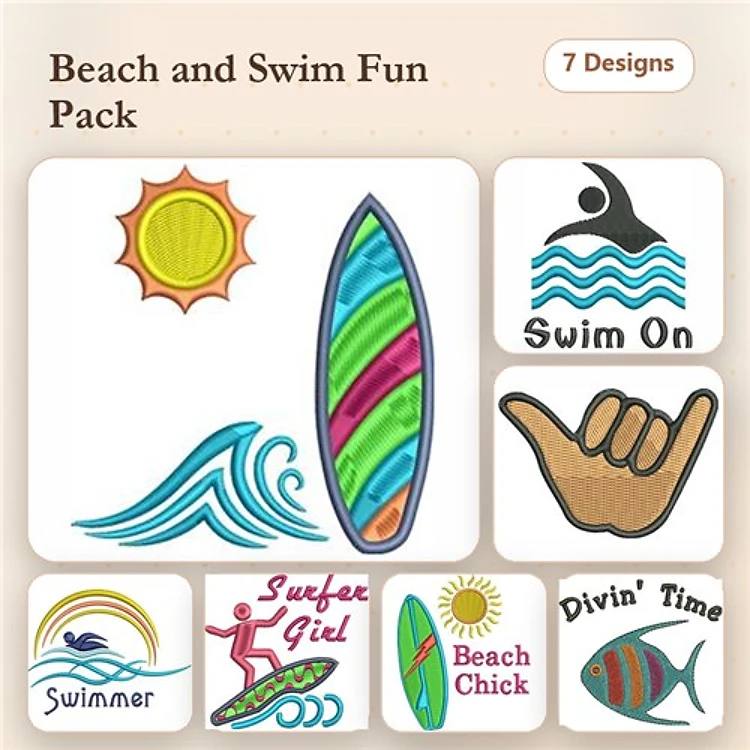 Beach and Swim Embroidery Designs Bundle – Sun, Surfboard, Wave & More (7 Designs)
