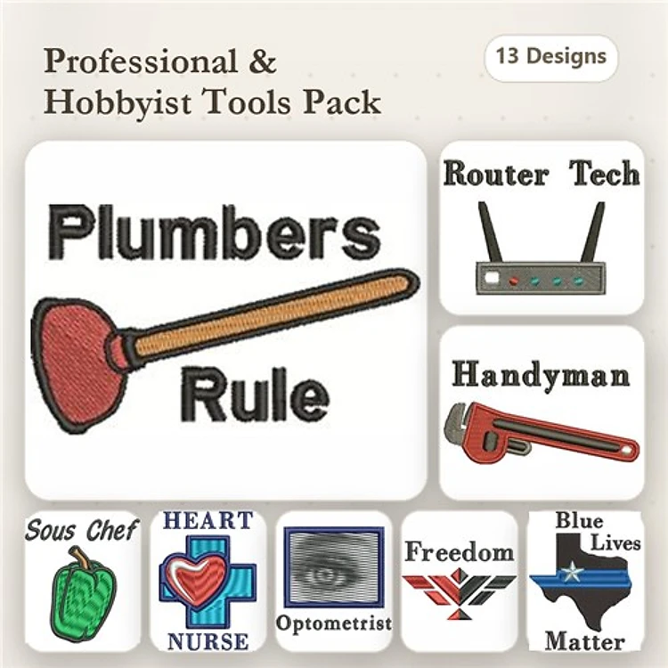 Professional Tools Embroidery Designs Bundle – Plumber's Rule, Router Tech, Handyman, Sous Chef & More (13 Designs)