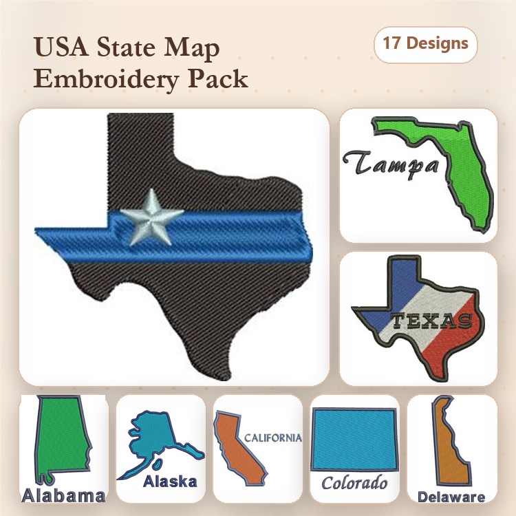 USA State Maps Embroidery Designs Bundle – Texas, California, Florida & More (17 Designs)