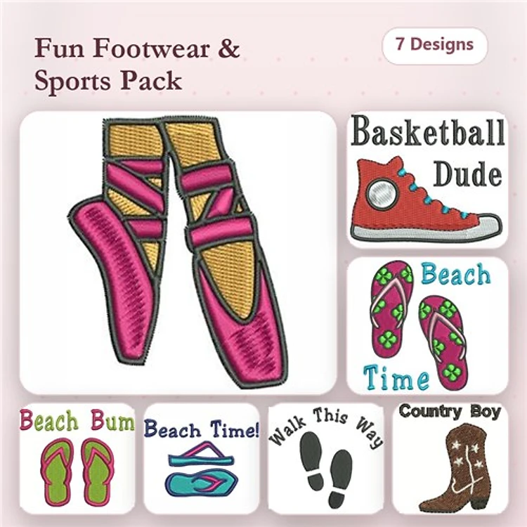 Footwear and Sports Embroidery Bundle – Ballet Shoes, Basketball Dude, Beach Bum & More (7 Designs)
