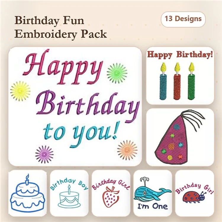 Birthday Celebration Embroidery Designs Bundle – Happy Birthday Text, Birthday Cake, Birthday Candles & More (13 Designs)