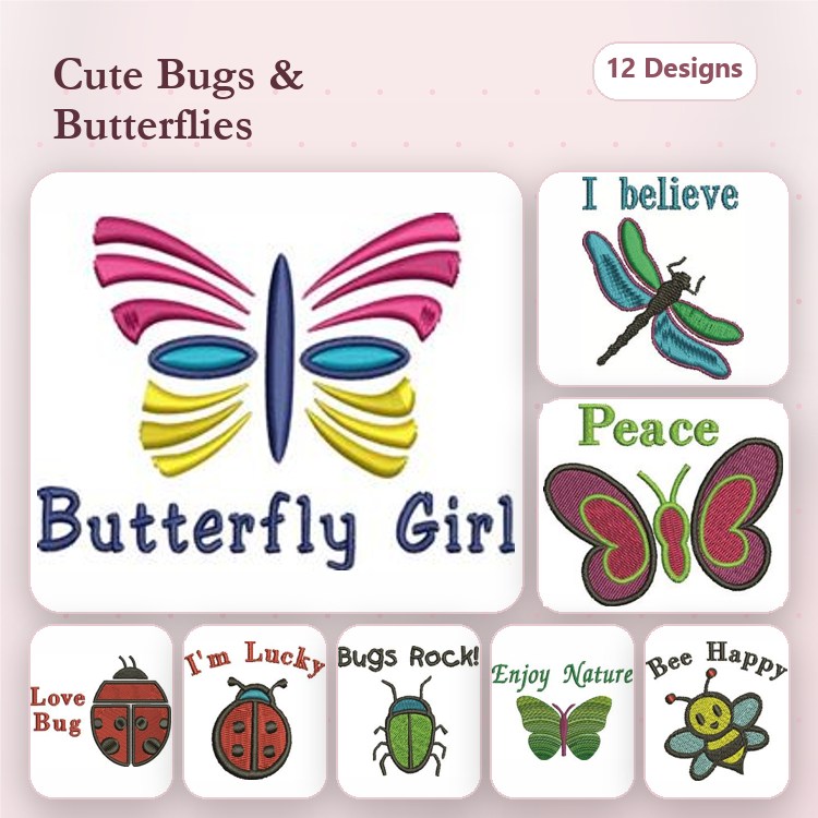 Cute Bugs & Butterflies Embroidery Designs Bundle – Butterfly Girl, Dragonfly, Ladybug & More (12 Designs)