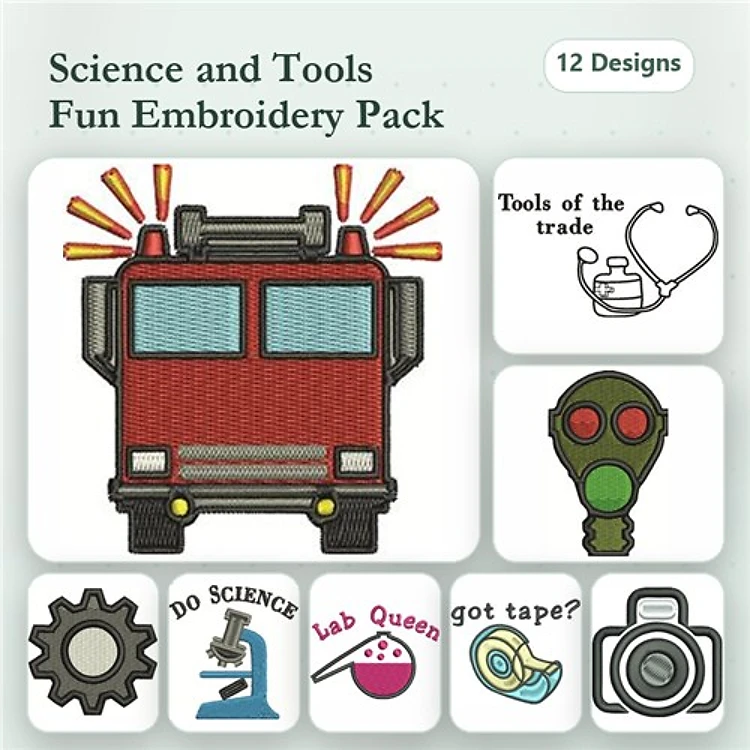 Science & Tools Embroidery Designs Bundle – Fire Truck, Lab Queen, Gear & More (12 Designs)