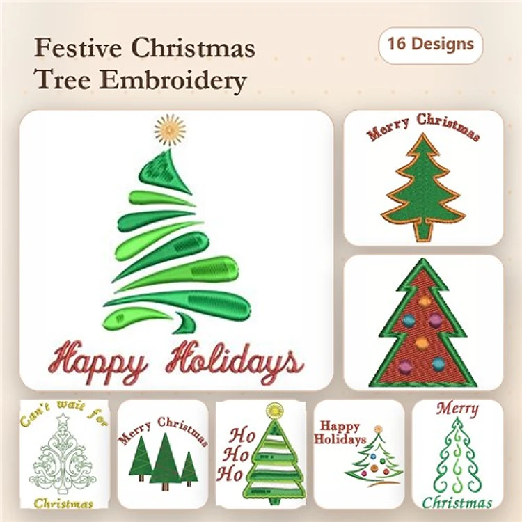 Christmas Tree Embroidery Designs Bundle – Decorative Tree, Merry Christmas Text, Snowy Tree & More (16 Designs)