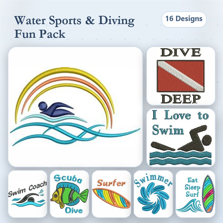 Water Sports Embroidery Designs Bundle – Rainbow Swimmer, Diving Flag, Scuba Dive & More (16 Designs)