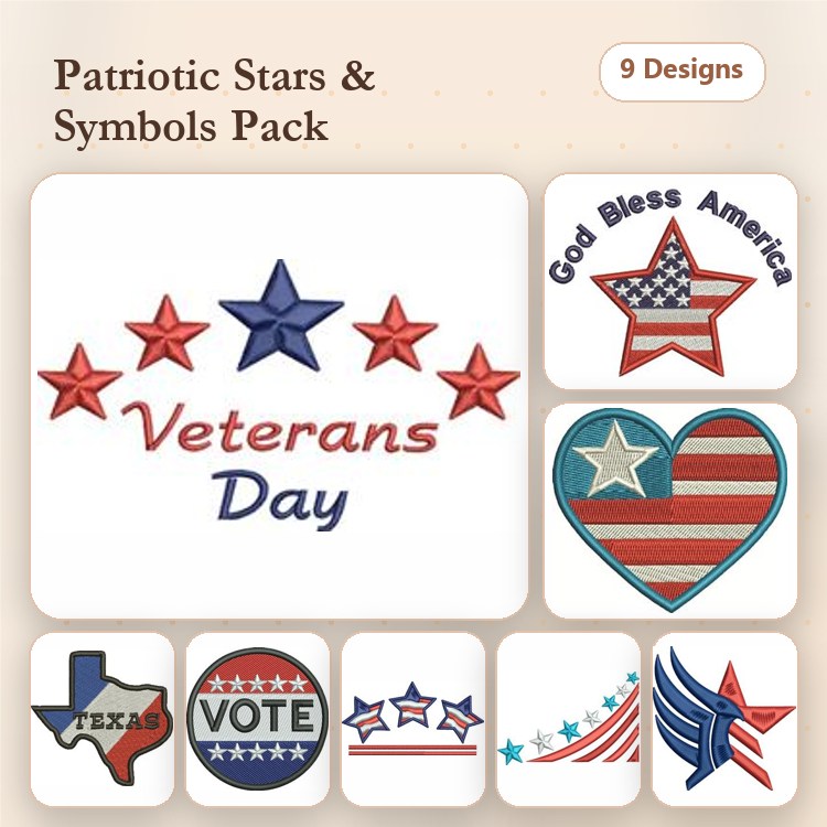 Patriotic Stars and Symbols Embroidery Designs Bundle – Veterans Day, God Bless America, Texas State & More (9 Designs)