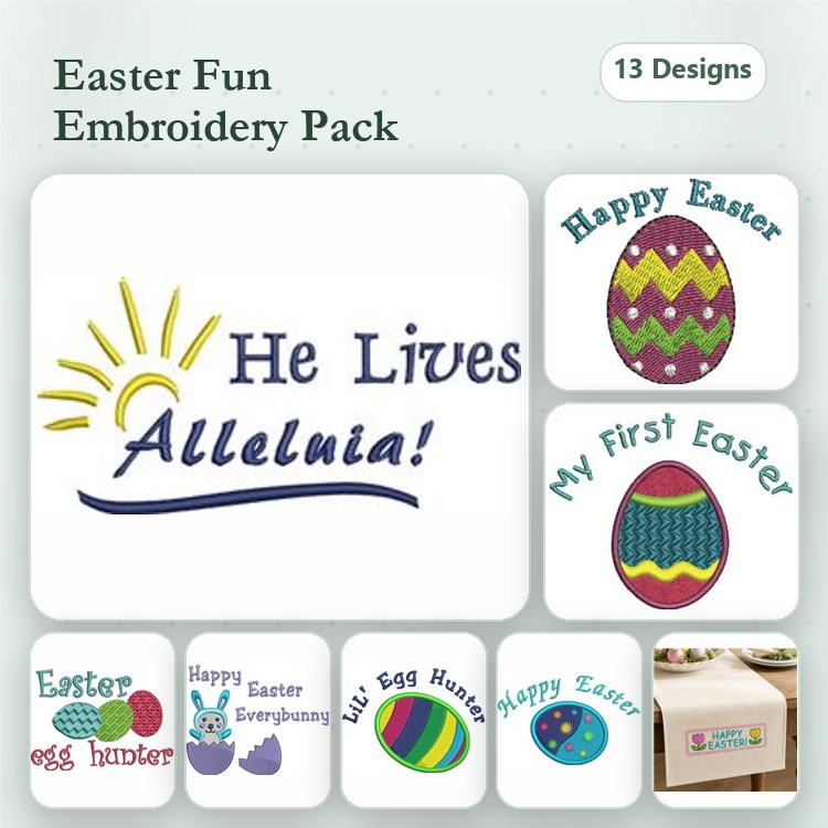 Easter Greetings Embroidery Designs Bundle – He Lives Alleluia!, Happy Easter, Easter Egg Hunter & More (13 Designs)