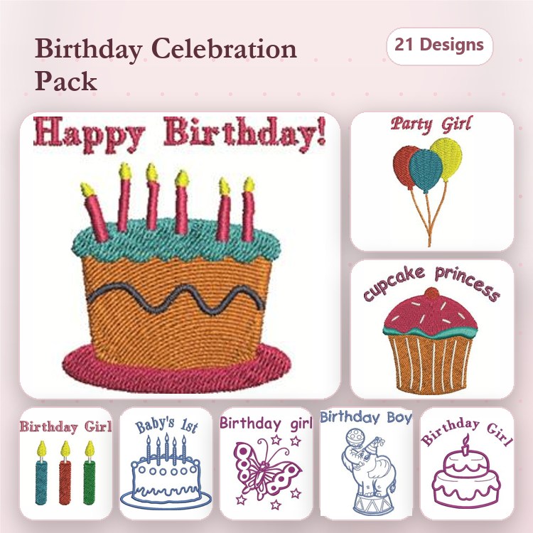 Birthday Celebration Embroidery Designs Bundle – Birthday Cake, Birthday Girl, Cupcake Princess & More (21 Designs)
