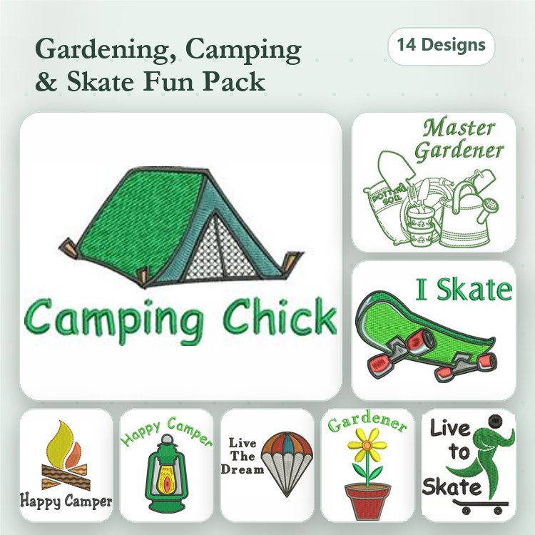 Gardening & Camping Embroidery Designs Bundle – Camping Chick, Happy Camper, Master Gardener & More (14 Designs)