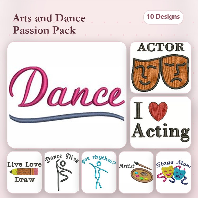 Arts and Dance Embroidery Designs Bundle – Dance, Actor Masks, I Love Acting & More (10 Designs)