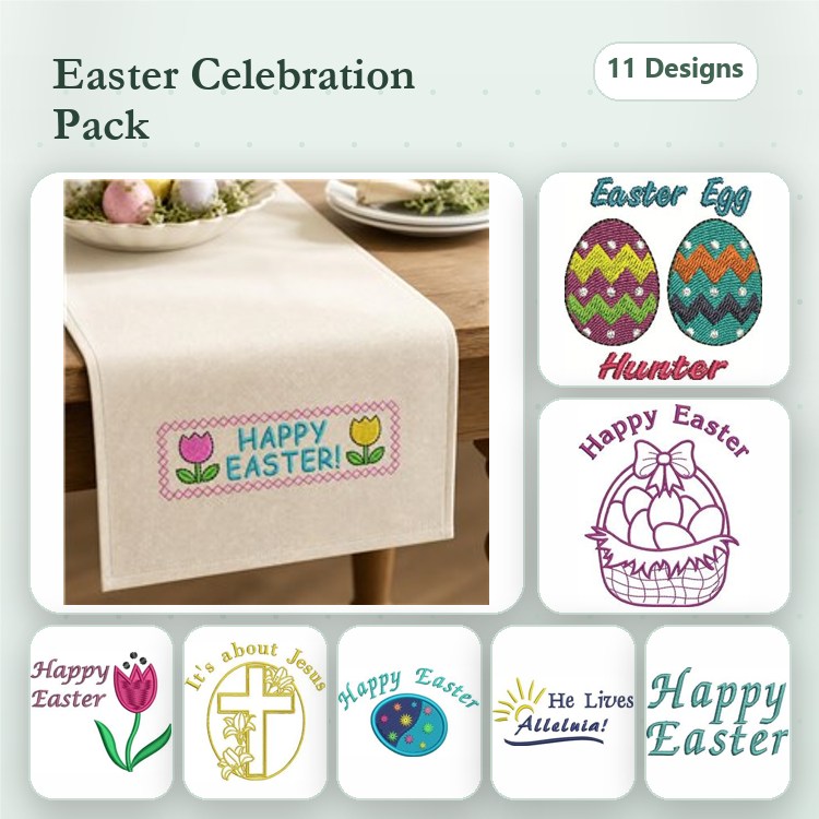 Easter Celebration Embroidery Designs Bundle – Happy Easter Sign, Easter Bunny, Easter Egg Hunter & More (11 Designs)