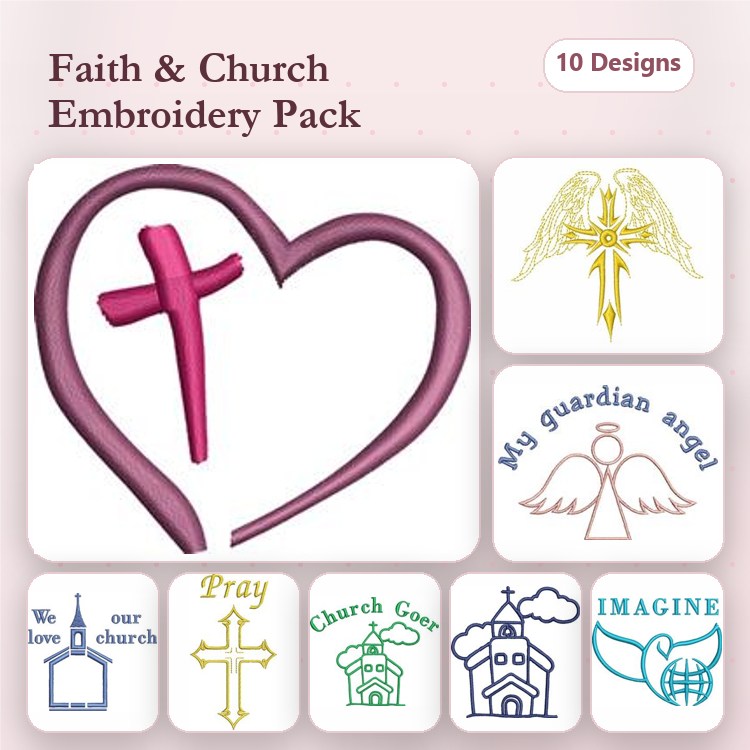 Faith & Church Embroidery Designs Bundle – Heart with Cross, Angel Wings, Cross with Flowers & More (10 Designs)