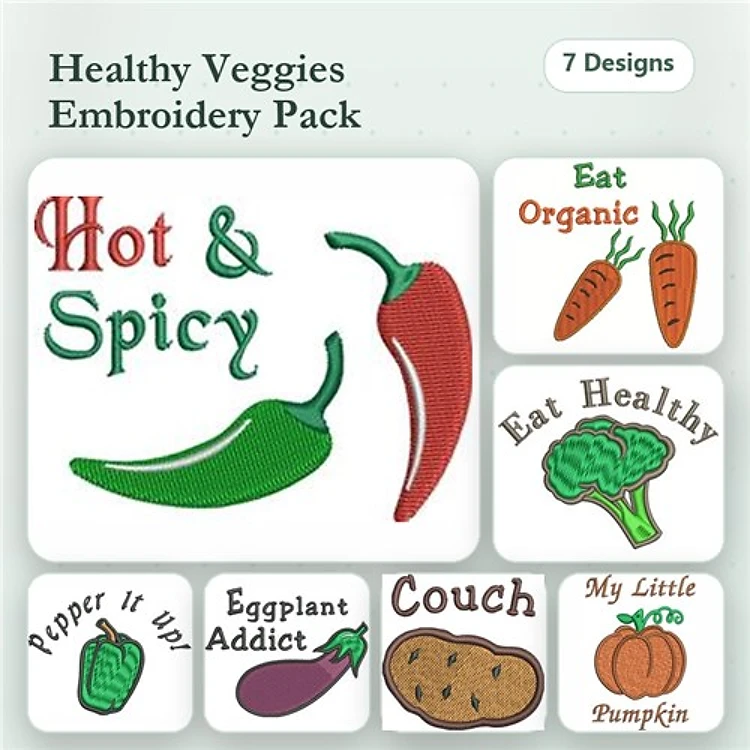 Healthy Vegetables Embroidery Designs Bundle – Hot & Spicy, Eat Organic, Eat Healthy & More (7 Designs)