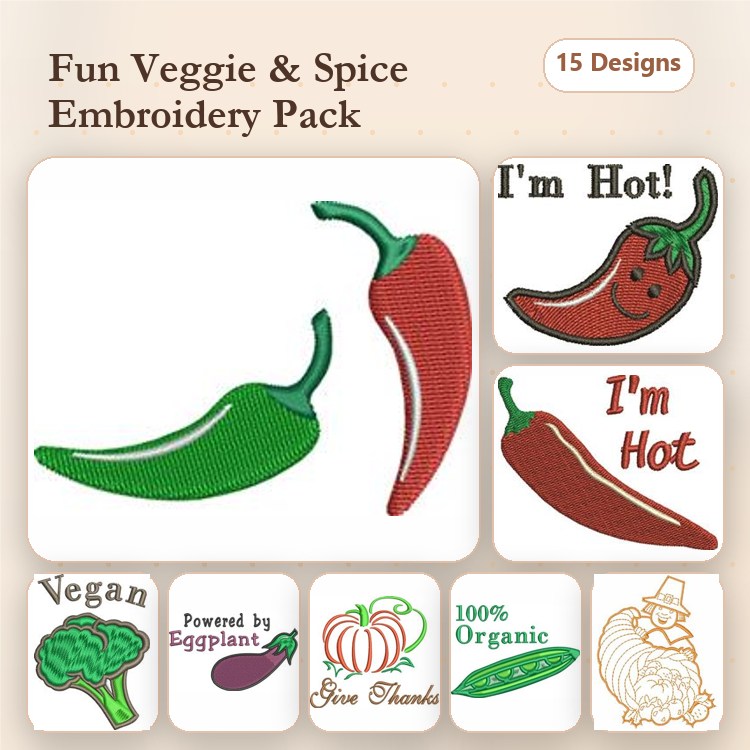 Vegetable & Spice Embroidery Designs Bundle – Green Chili Pepper, Red Chili Pepper, Give Thanks & More (15 Designs)