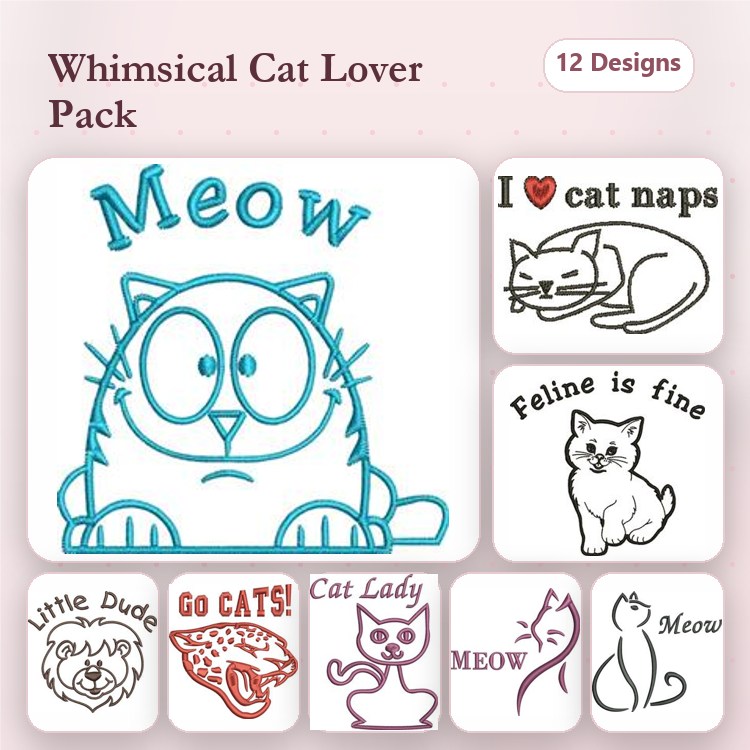 Redwork Cat-Themed Embroidery Designs Bundle – Meow Design, Cat Lady, Playful Kitten & More (12 Designs)
