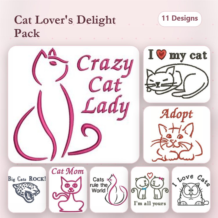 Cat-Themed Embroidery Bundle – Crazy Cat Lady, I Love My Cat, Adopt & More (11 Designs)