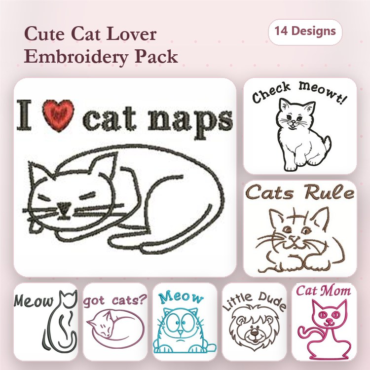 Redwork Cat Embroidery Designs Bundle – I Love Cat Naps, Check Meowt!, Cats Rule & More (14 Designs)