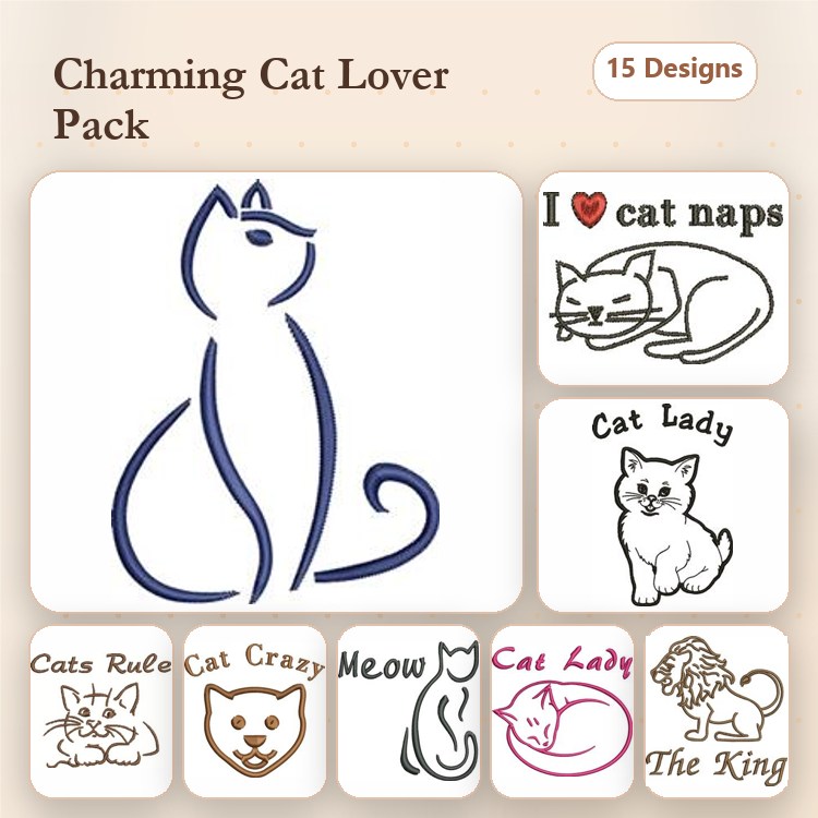 Cat Themed Embroidery Designs Bundle – Stylized Cat, I Love Cat Naps, Cat Lady & More (15 Designs)