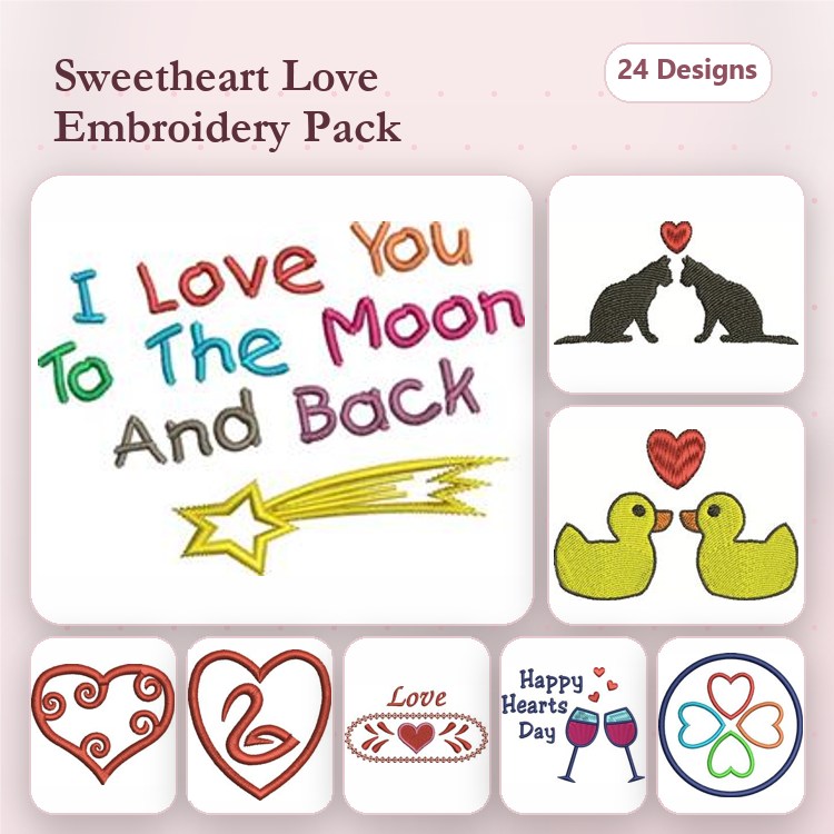 Love & Affection Embroidery Designs Bundle – I Love You To The Moon And Back, Cat Silhouette with Heart, Duck Couple & More (24 Designs)