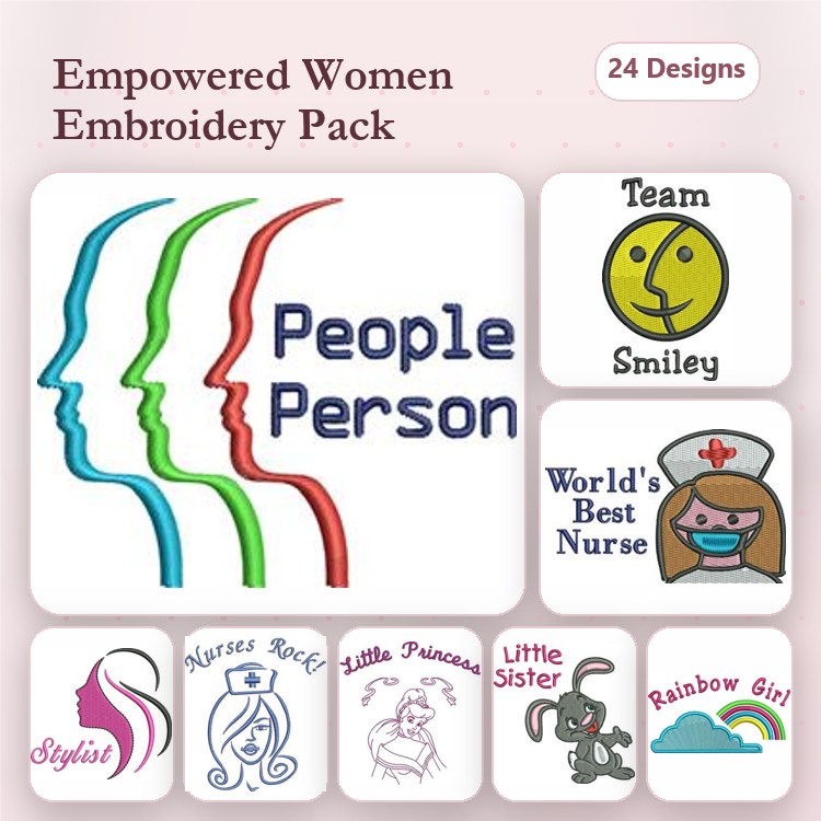 Empowered Women Embroidery Designs Bundle – Team Smiley, Nurses Rock, Rainbow Girl & More (24 Designs)
