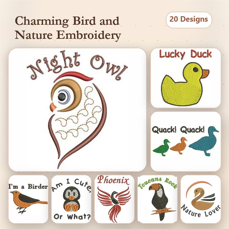 Bird and Nature Embroidery Designs Bundle – Night Owl, Lucky Duck, Quack Quack & More (20 Designs)