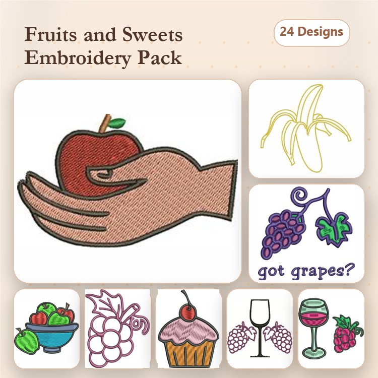 Fruits and Sweets Embroidery Designs Bundle – Apple in Hand, Banana, Cupcake, & More (24 Designs)