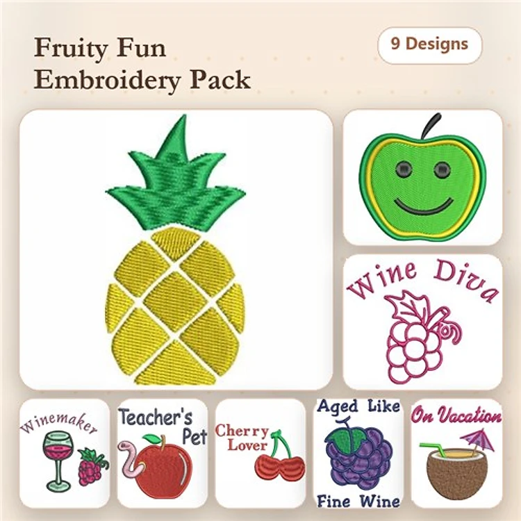 Fruity and Fun Embroidery Designs Bundle – Pineapple, Green Apple, Wine Diva & More (9 Designs)