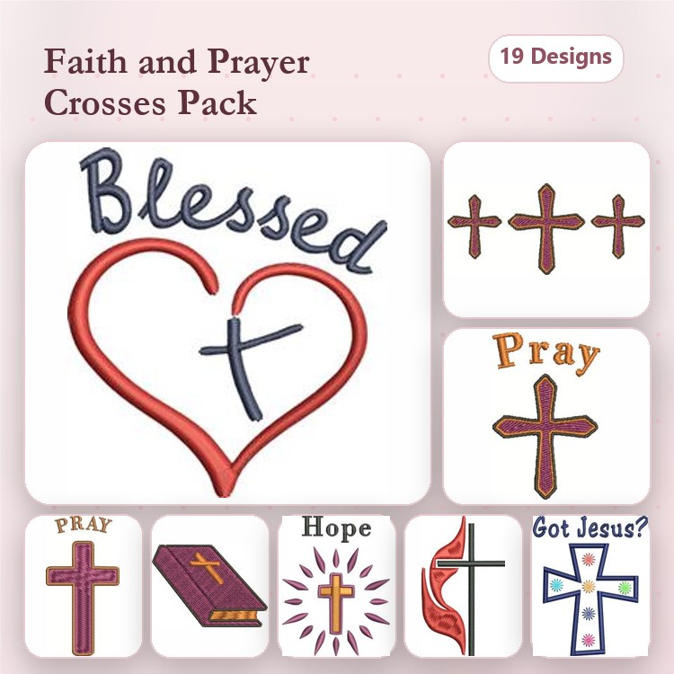 Faith and Prayer Crosses Embroidery Designs Bundle – Blessed Heart with Cross, Pray Cross, Hope Cross & More (19 Designs)