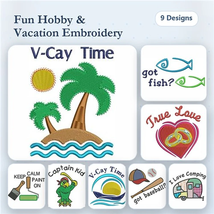 Vacation & Hobby Embroidery Bundle – Palm Trees, Fishing, Camping & More (9 Designs)