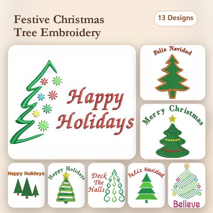 Christmas Tree Embroidery Designs Bundle – Decorated Tree, Merry Christmas, Happy Holidays & More (13 Designs)