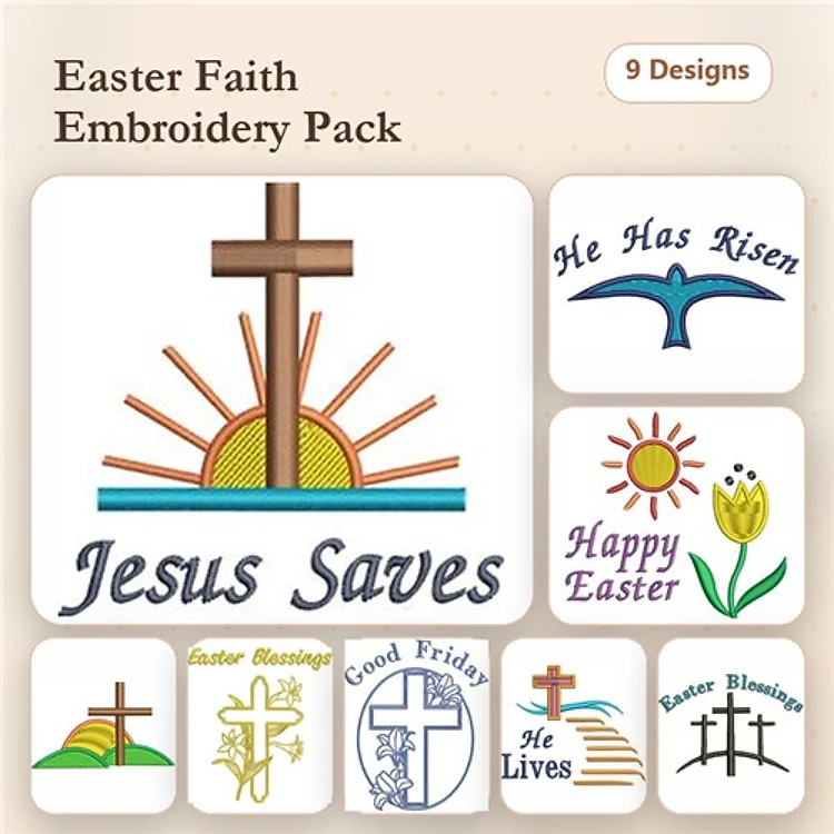 Easter Christian Faith Embroidery Designs Bundle – Jesus Saves, He Has Risen, Happy Easter & More (9 Designs)