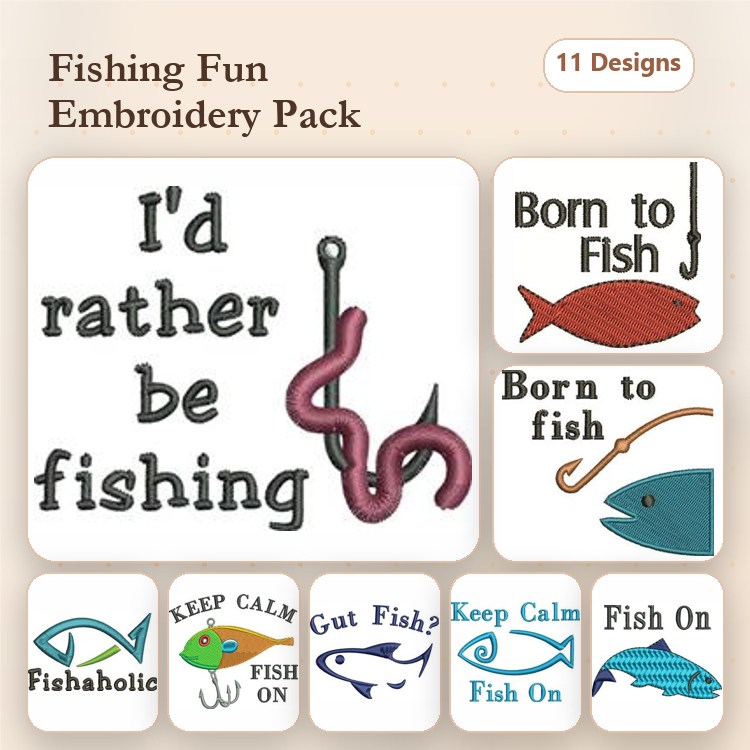 Fishing Sayings Embroidery Designs Bundle – I'd Rather Be Fishing, Fishaholic, Keep Calm & More (11 Designs)