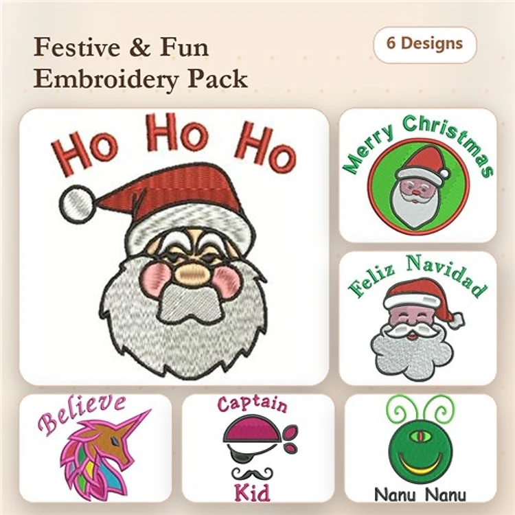 Santa Claus & Unicorn Christmas Embroidery Designs Bundle – Ho Ho Ho Santa, Merry Christmas, Feliz Navidad & More (6 Designs)