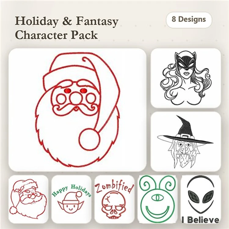Redwork Holiday & Fantasy Characters Embroidery Designs Bundle – Santa Claus, Witch Face, Glamorous Woman Face & More (8 Designs)