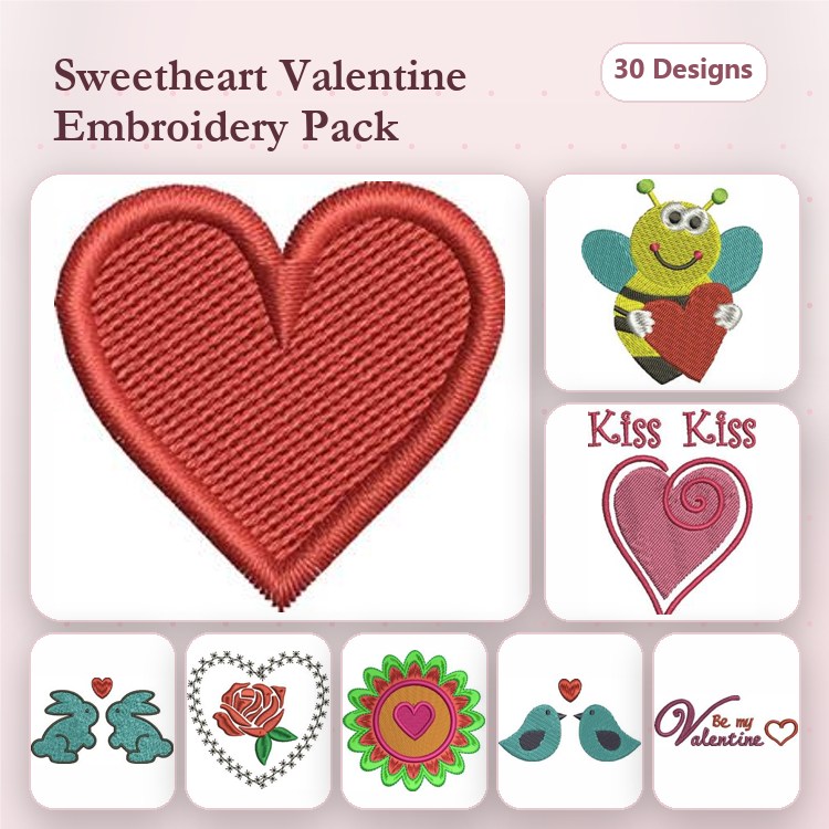 Valentine's Day Embroidery Designs Bundle – Red Heart, Bumblebee with Heart, Kiss Kiss & More (30 Designs)