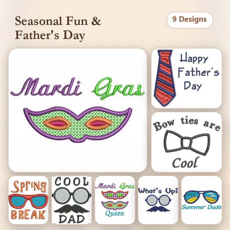 Seasonal Embroidery Designs Bundle – Happy Father's Day, Mardi Gras Mask, Cool Dad & More (9 Designs)