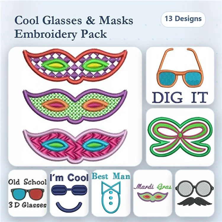 Masquerade Masks & Sunglasses Embroidery Designs Bundle – Colorful Mask, Dig It Sunglasses, Funny Mustache Glasses & More (13 Designs)
