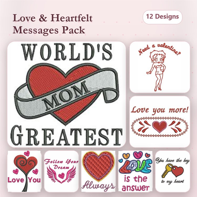 Love & Messages Embroidery Designs Bundle – World's Greatest Mom, Love You More!, Always & More (12 Designs)