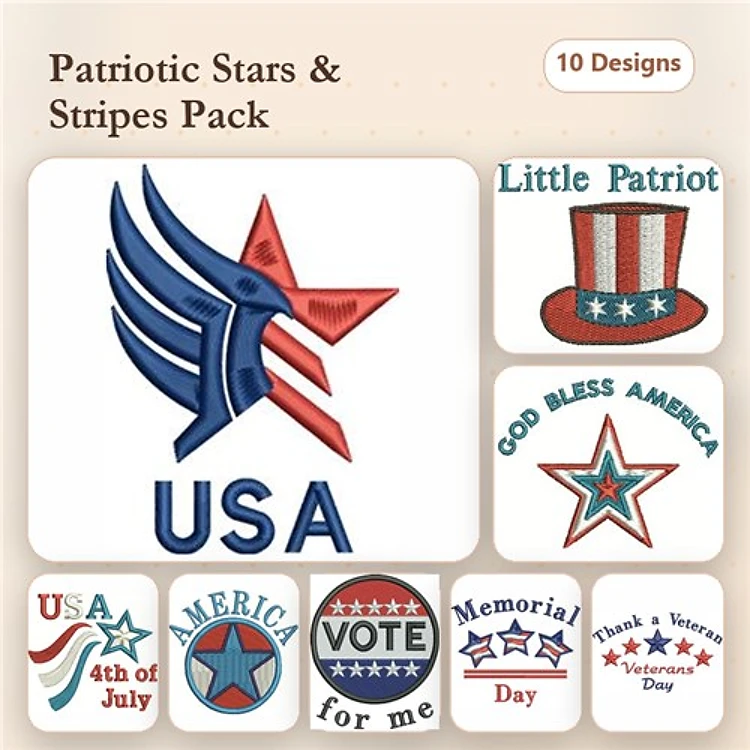 Patriotic Embroidery Designs Bundle – Flying Eagle, God Bless America, Top Hat & More (10 Designs)