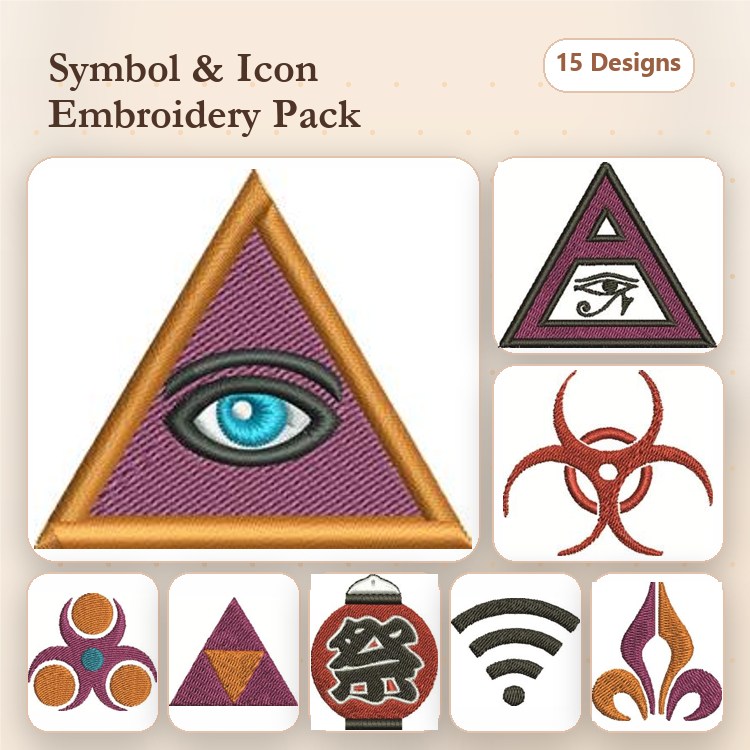 Symbol and Icon Embroidery Designs Bundle – All-Seeing Eye Triangle, Biohazard & More (15 Designs)