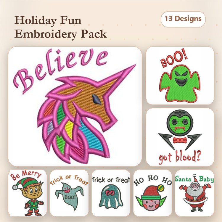 Holiday Characters Embroidery Designs Bundle – Believe Unicorn, Boo Ghost, Ho Ho Ho Santa & More (13 Designs)