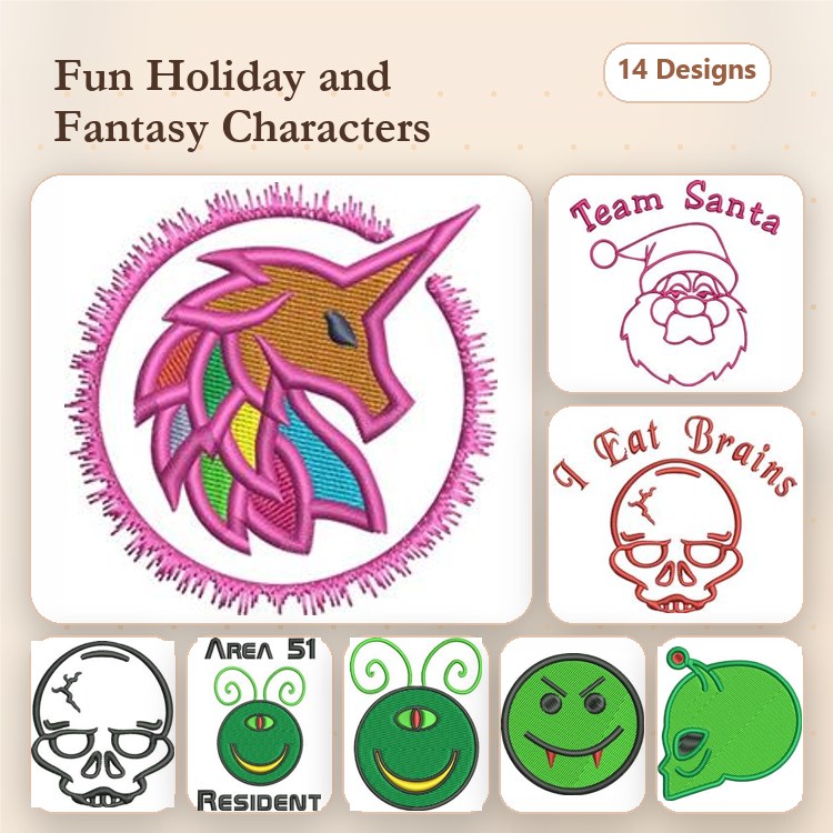 Holiday & Fantasy Characters Embroidery Designs Bundle – Unicorn, Santa Claus, Skull, Smiley Face & More (14 Designs)