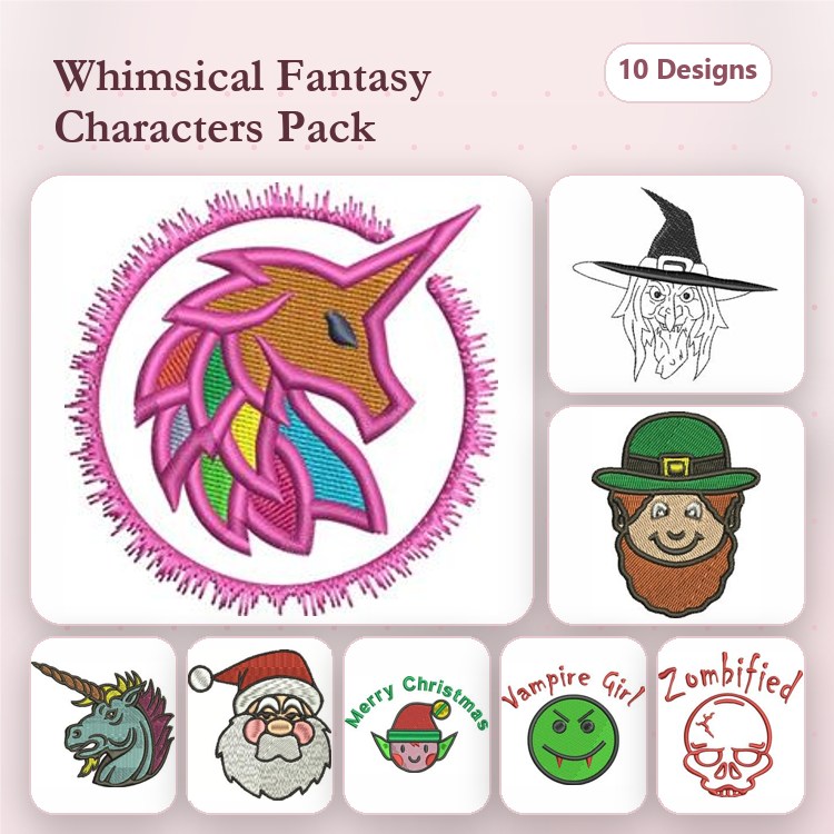 Whimsical Fantasy Characters Embroidery Designs Bundle – Unicorn, Witch, Leprechaun, Santa Claus & More (10 Designs)