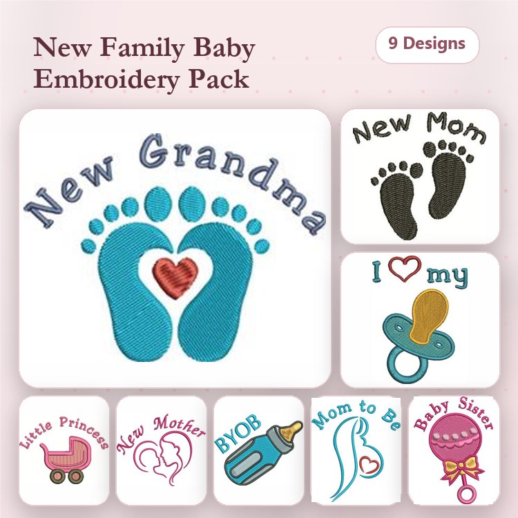 Family Baby Themes Embroidery Designs Bundle – New Grandma, New Mom, Baby Feet & More (9 Designs)