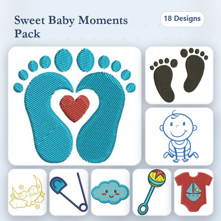 Baby-themed Embroidery Designs Bundle – Baby Feet with Heart, Baby Footprints, Baby Boy Character & More (18 Designs)