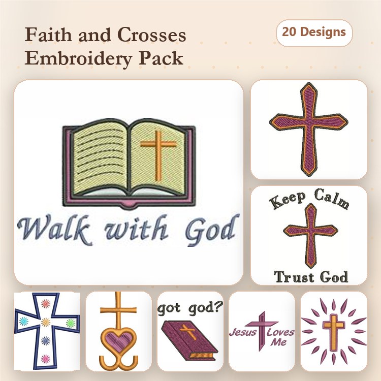 Faith and Crosses Embroidery Designs Bundle – Open Bible, Walk with God, Heart Cross & More (20 Designs)