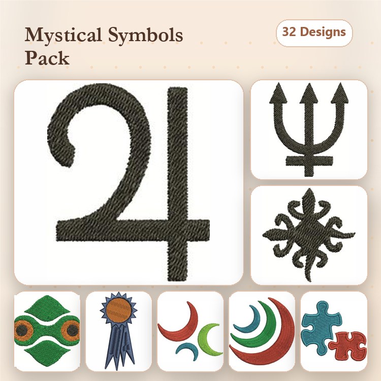 Mystical Symbols Embroidery Designs Bundle – Zodiac Symbols, Trident, Crescent Moon & More (32 Designs)