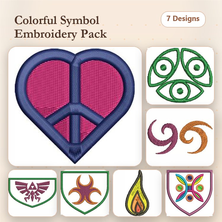 Colorful Symbols Embroidery Designs Bundle – Peace Heart, Triskelion, Spiral & More (7 Designs)