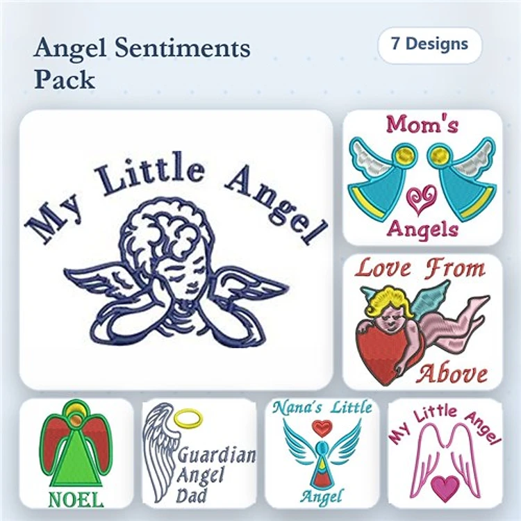 Angel Sentiments Embroidery Designs Bundle – My Little Angel, Love From Above, Guardian Angel Dad & More (7 Designs)